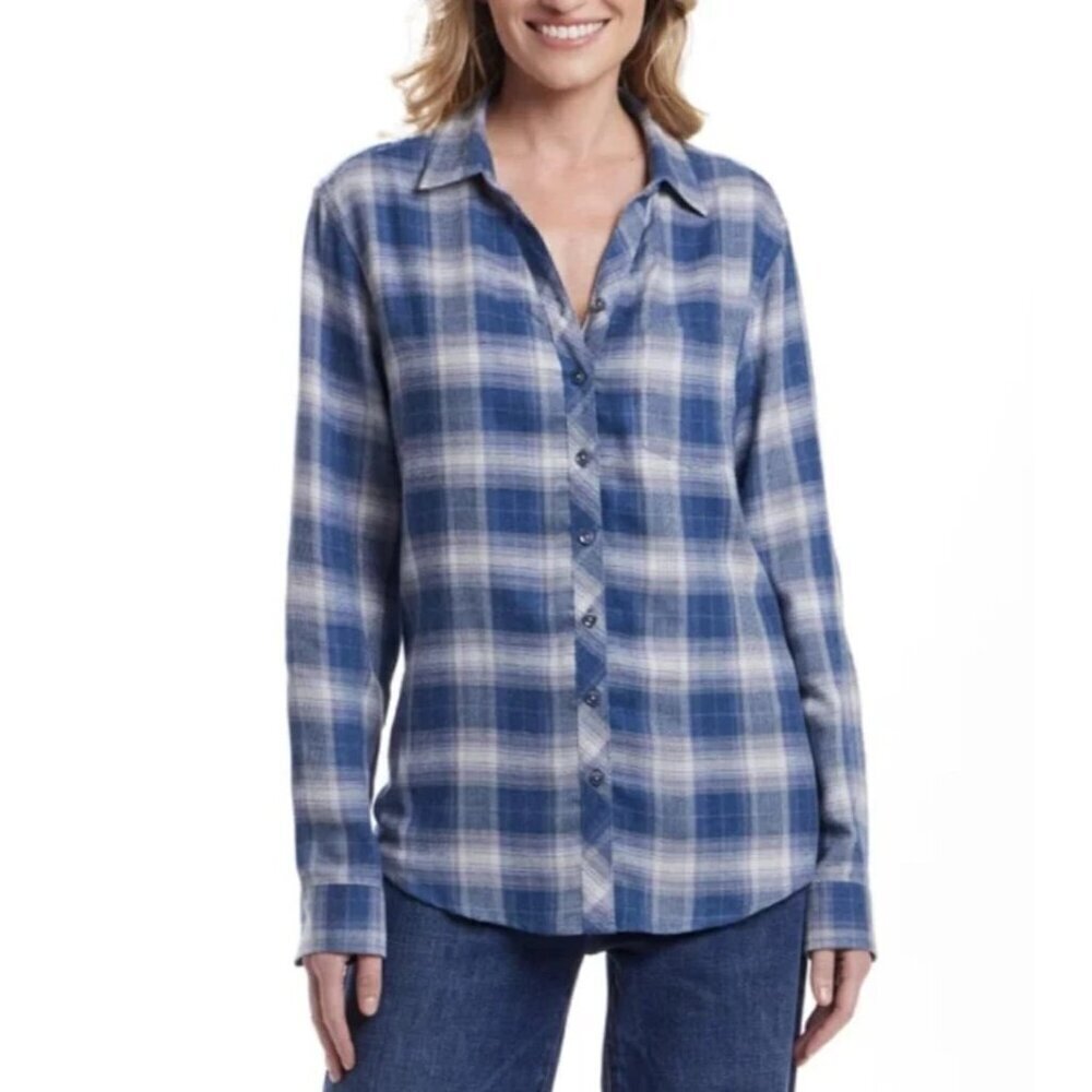 NEW Weatherproof Flannel Women's M Blue Plaid Button Up Shirt
